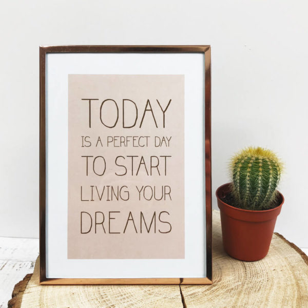 Rose goldener Bilderrahmen mit Bild "Today is a perfect day to start living your dreams" frontal neben einem Kaktus.