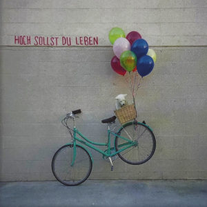 Nahaufnahme der Polaroid Karte mit Aufschrift "Hoch sollst du leben" und Fahrrad mit Hund im Korb, das von Luftballons in die Luft gehoben wird.